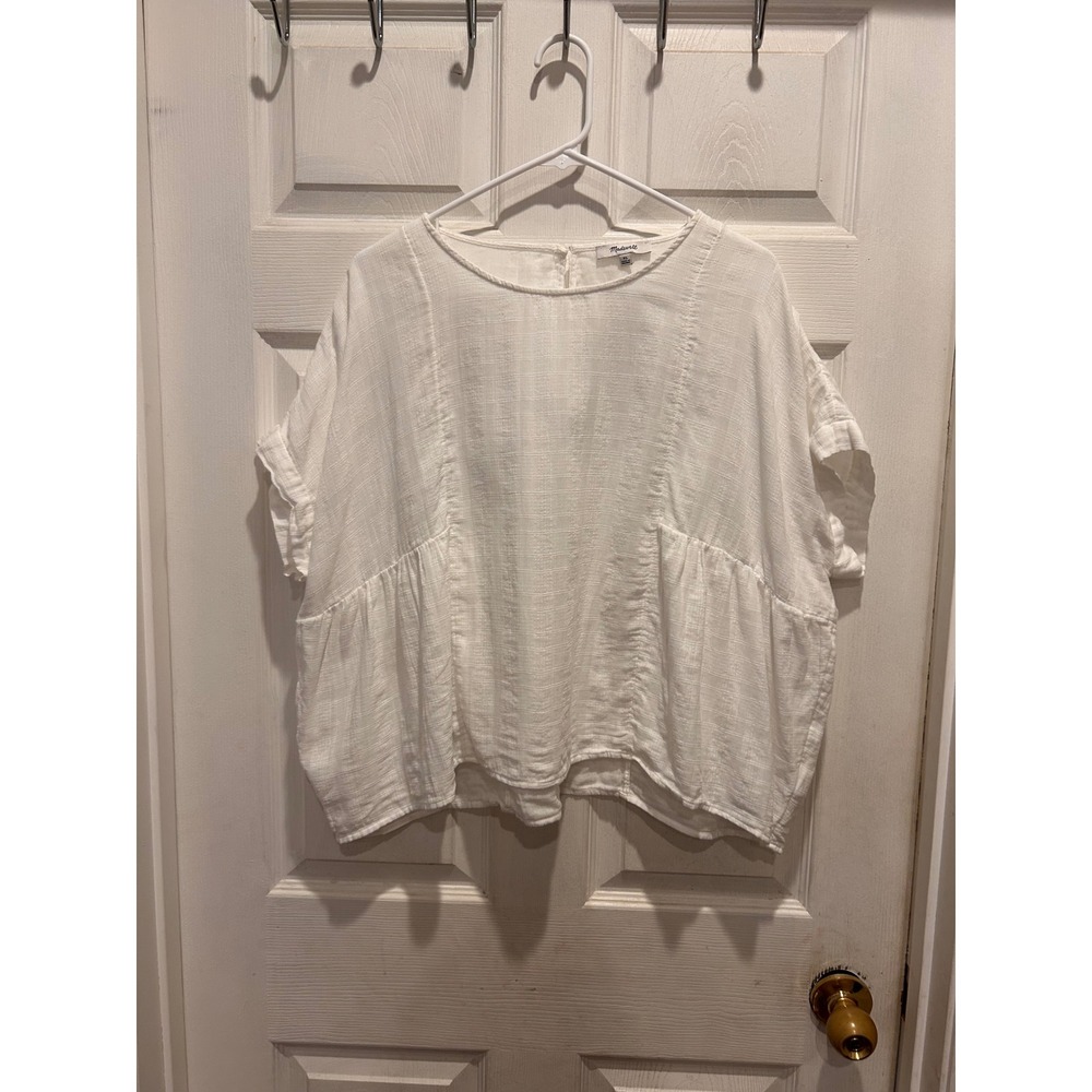 Madewell Women XL White Textured Cotton Peplum Short Sleeve Boho Top Cottagecore